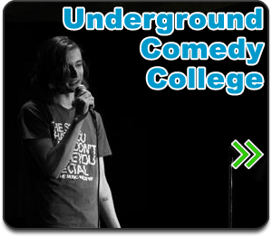Underground Comedy College button. it shows a young comedian on stage
